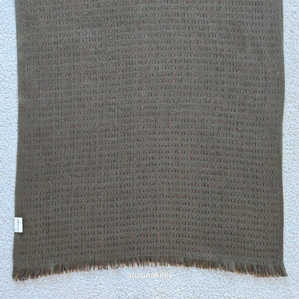 NWOT Cashmere Woven Scarf Olive Green With Black + Orange Weave Detail - Picture 10 of 16